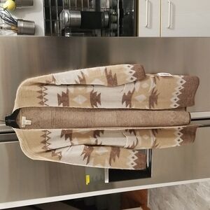 💕JESSICA SIMPSON💕 Open Front Long Cardigan ~ Brown Aztec Print Large L NWT